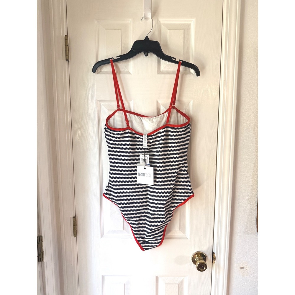 Beach Riot Amber One Piece Swimsuit Indigo Midnight Striped Red Trim XL NEW - Picture 3 of 4